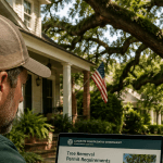 Lafayette Louisiana homeowner reviewing local tree removal permit rules with a mature oak tree in the yard