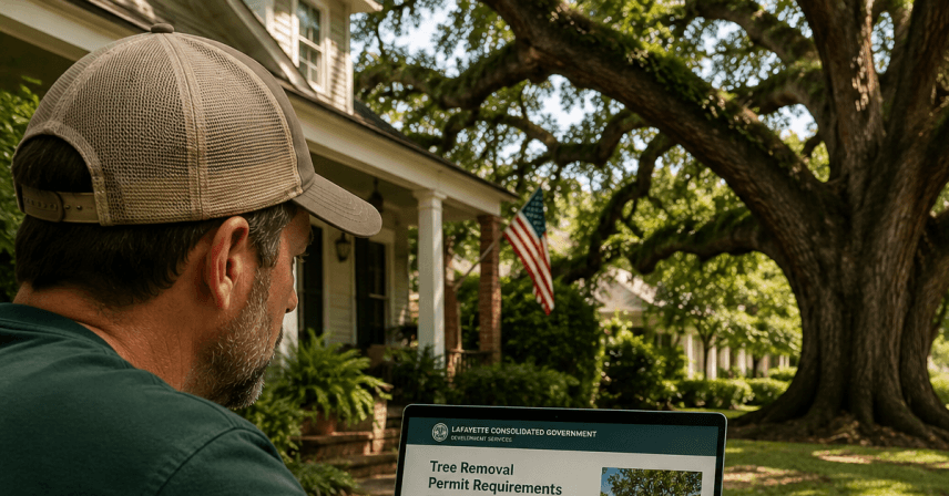 Lafayette Louisiana homeowner reviewing local tree removal permit rules with a mature oak tree in the yard